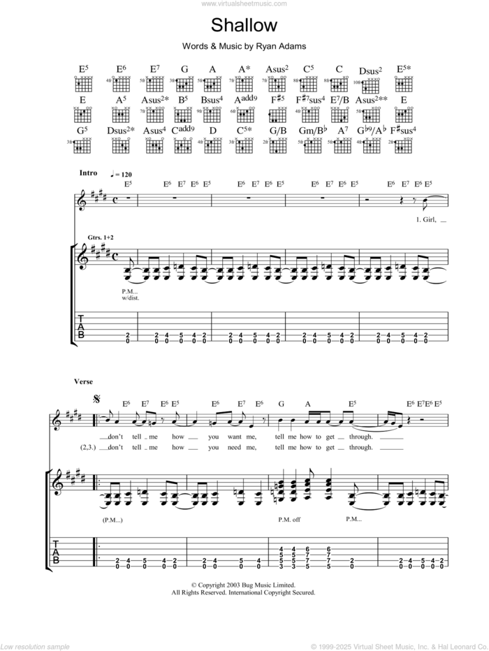 Shallow sheet music for guitar (tablature) by Ryan Adams, intermediate skill level