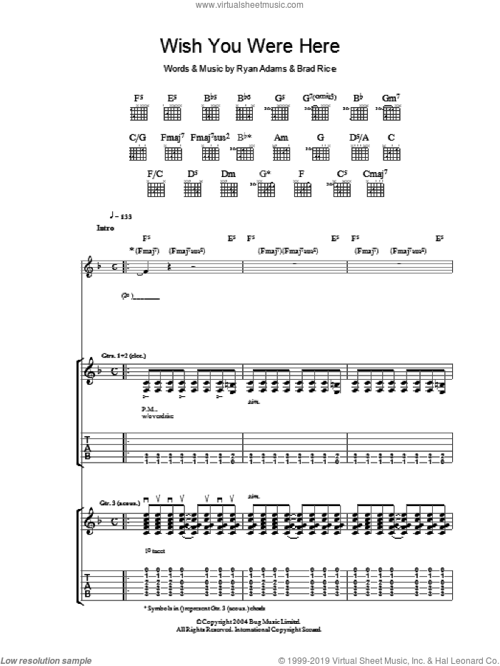 Wish You Were Here sheet music for guitar (tablature) by Ryan Adams and Brad Rice, intermediate skill level