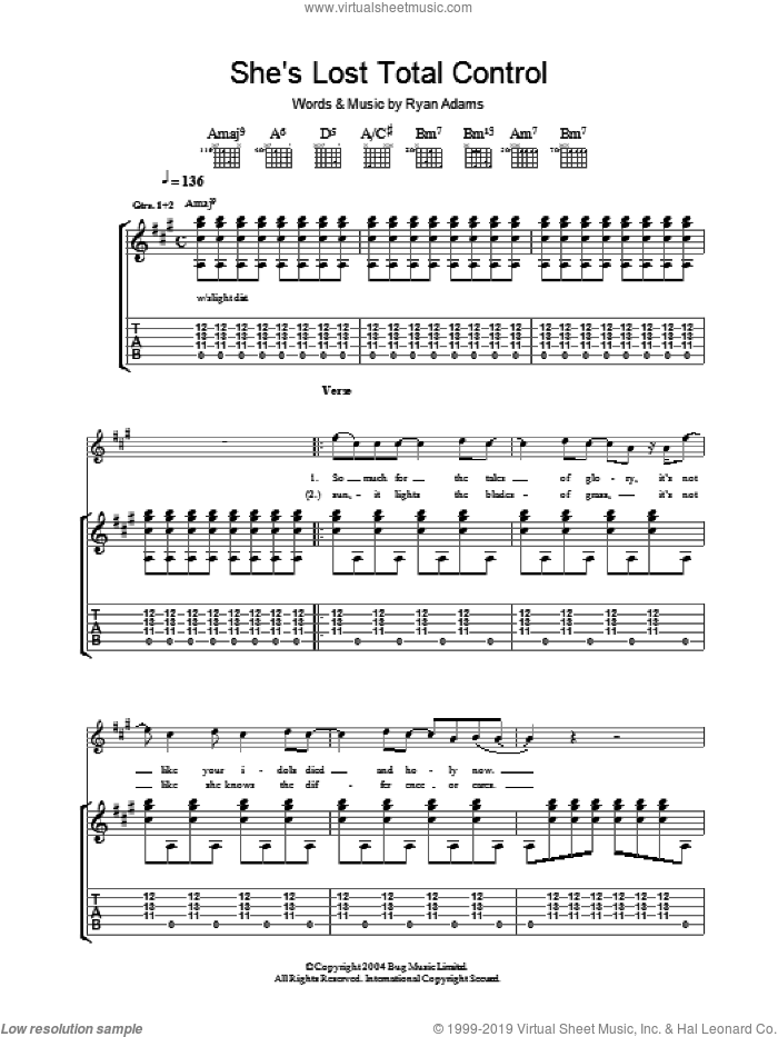 She's Lost Total Control sheet music for guitar (tablature) by Ryan Adams, intermediate skill level