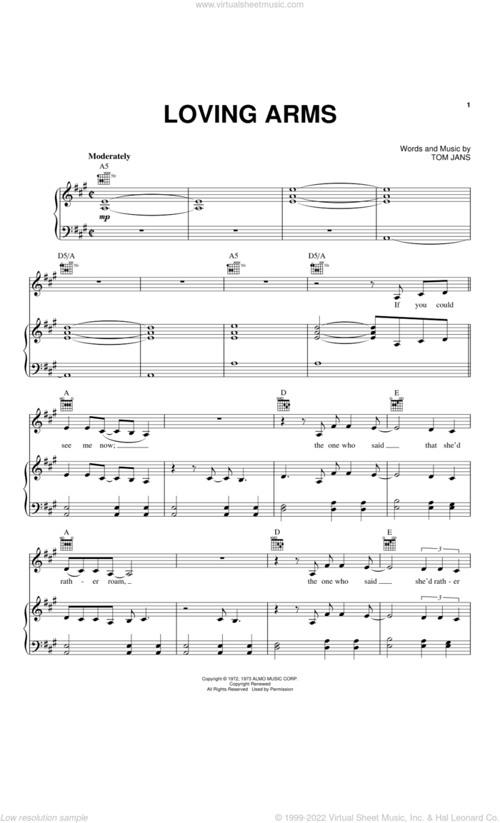 Loving Arms sheet music for voice, piano or guitar by Elvis Presley and Tom Jans, intermediate skill level