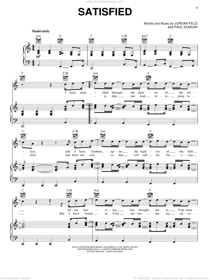 Satisfied sheet music for voice, piano or guitar by Jordan Feliz and Paul Duncan, intermediate skill level