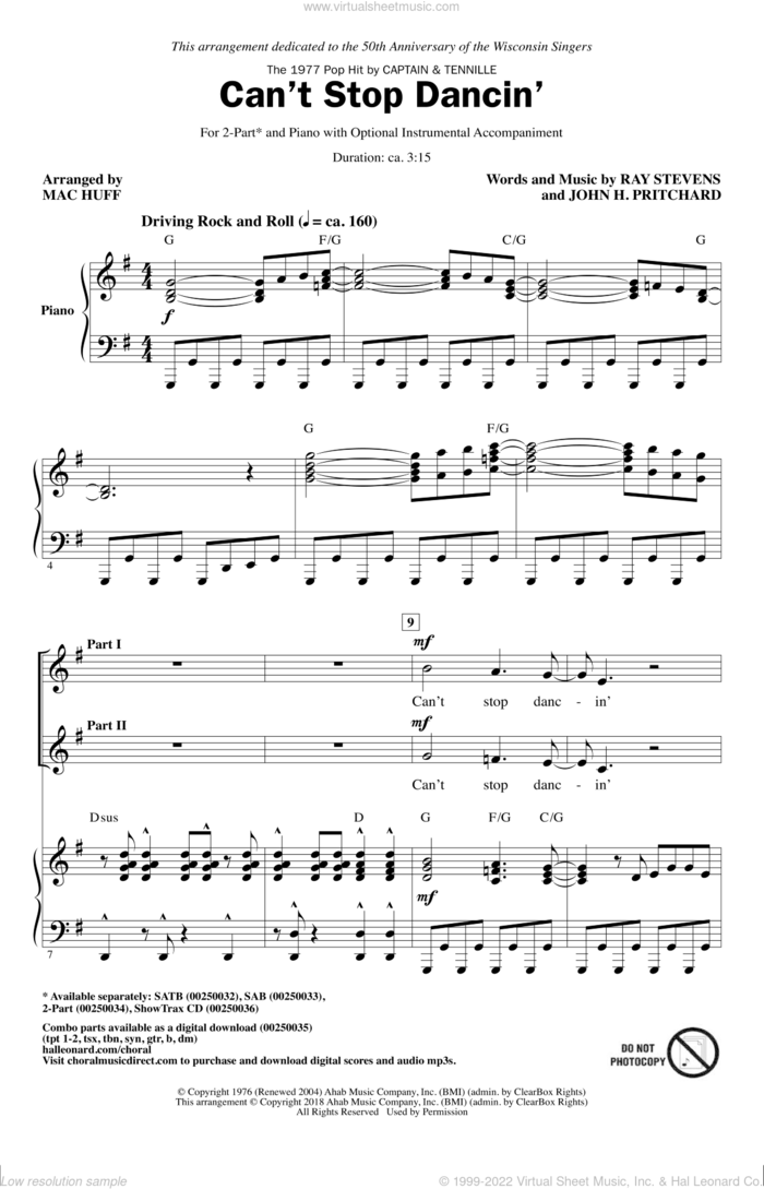 Can't Stop Dancin' sheet music for choir (2-Part) by Ray Stevens, Mac Huff, Captain & Tennille and John H. Pritchard, intermediate duet