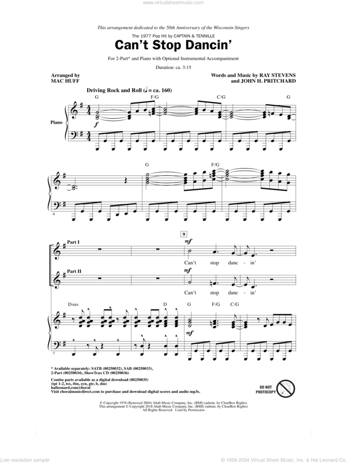 Can't Stop Dancin' sheet music for choir (2-Part) by Ray Stevens, Mac Huff, Captain & Tennille and John H. Pritchard, intermediate duet