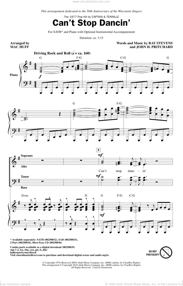 Can't Stop Dancin' sheet music for choir (SATB: soprano, alto, tenor, bass) by Ray Stevens, Mac Huff, Captain & Tennille and John H. Pritchard, intermediate skill level