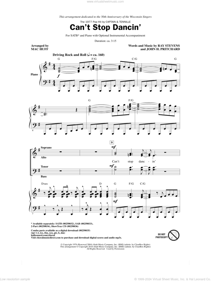 Can't Stop Dancin' sheet music for choir (SATB: soprano, alto, tenor, bass) by Ray Stevens, Mac Huff, Captain & Tennille and John H. Pritchard, intermediate skill level