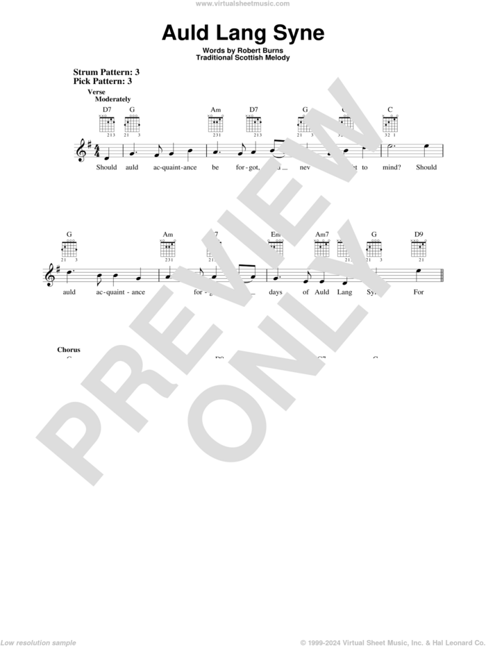 Auld Lang Syne sheet music for guitar solo (chords) by Traditional Scottish Melody and Robert Burns, easy guitar (chords)