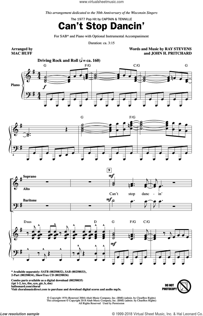 Can't Stop Dancin' sheet music for choir (SAB: soprano, alto, bass) by Ray Stevens, Mac Huff, Captain & Tennille and John H. Pritchard, intermediate skill level