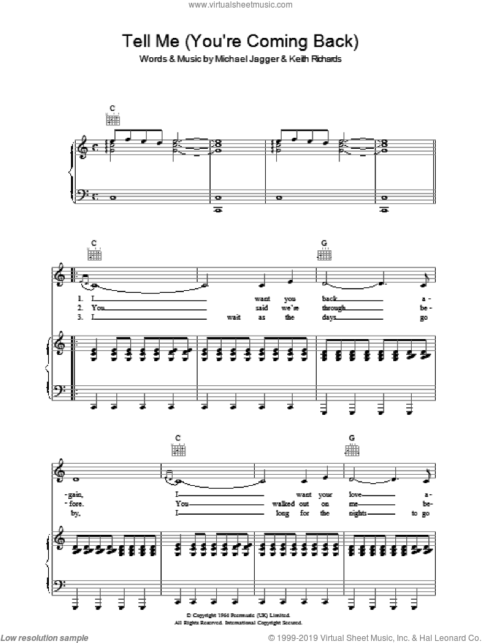 Tell Me (You're Coming Back) sheet music for voice, piano or guitar by The Rolling Stones, Keith Richards and Mick Jagger, intermediate skill level