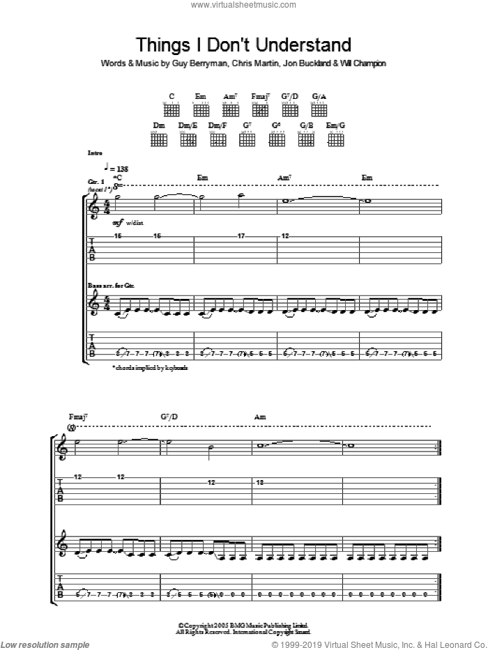 Things I Don't Understand sheet music for guitar (tablature) by Coldplay, Chris Martin, Guy Berryman, Jon Buckland and Will Champion, intermediate skill level