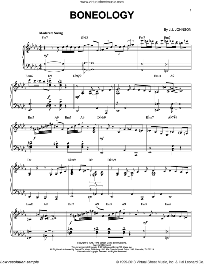 Boneology sheet music for piano solo by Jack Johnson, intermediate skill level