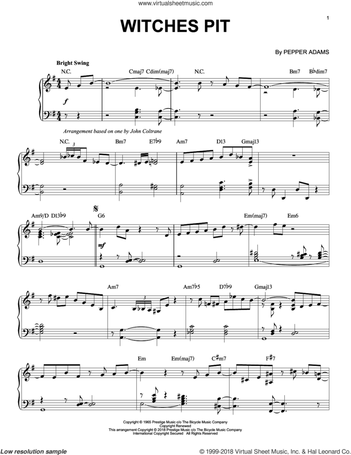 Witches Pit sheet music for piano solo by Pepper Adams, intermediate skill level