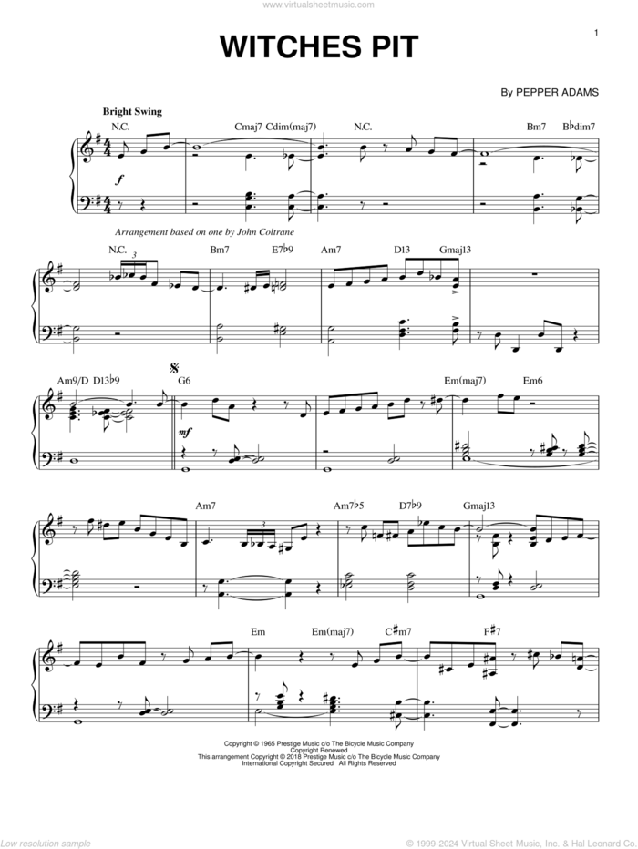 Witches Pit sheet music for piano solo by Pepper Adams, intermediate skill level