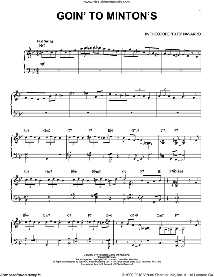 Goin' To Minton's sheet music for piano solo by Theodore 'Fats' Navarro, intermediate skill level