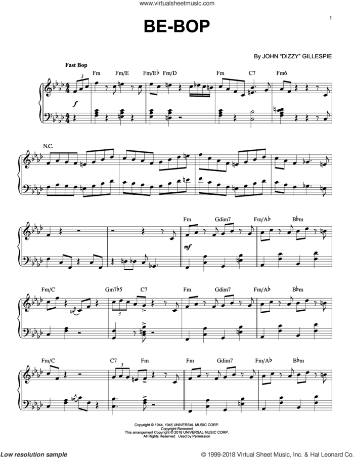 Be-Bop sheet music for piano solo by Dizzy Gillespie, intermediate skill level