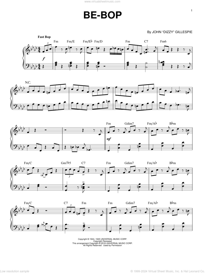 Be-Bop sheet music for piano solo by Dizzy Gillespie, intermediate skill level