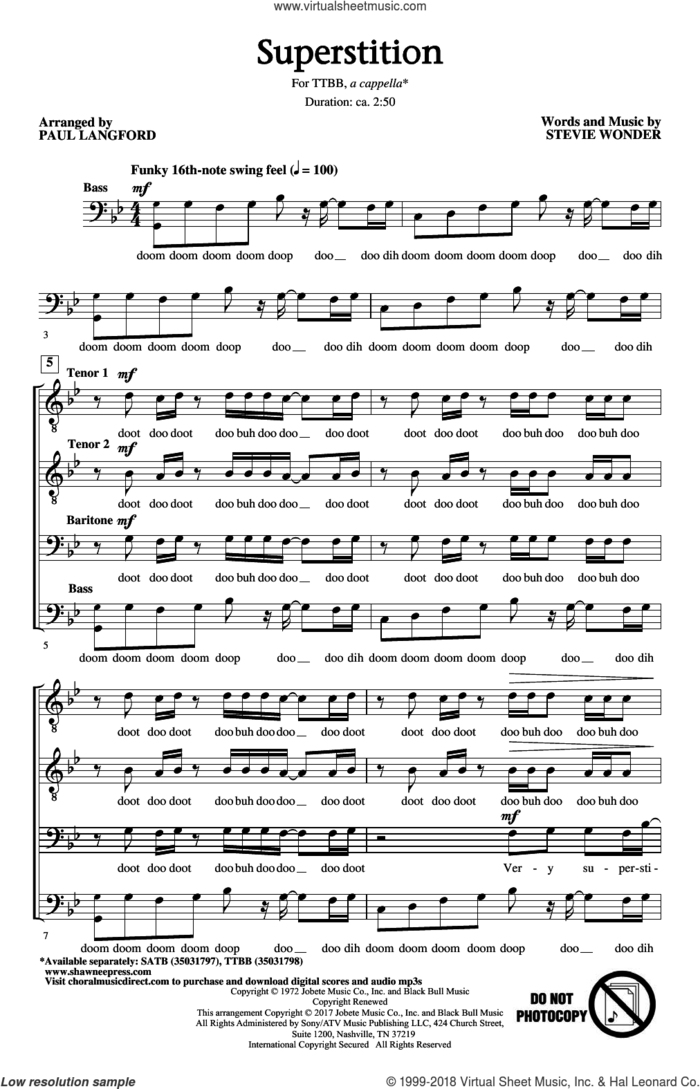 Superstition (arr. Paul Langford) sheet music for choir (TTBB: tenor, bass) by Stevie Wonder, Paul Langford and Stevie Ray Vaughan, intermediate skill level