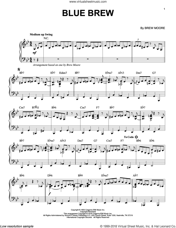 Blue Brew sheet music for piano solo by Brew Moore, intermediate skill level