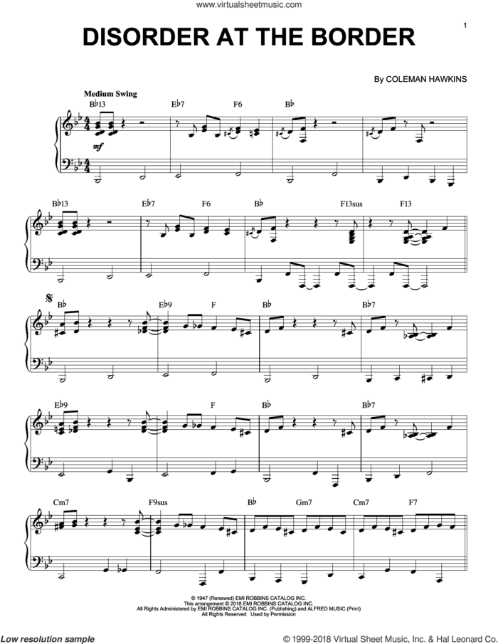 Disorder At The Border sheet music for piano solo by Coleman Hawkins, intermediate skill level