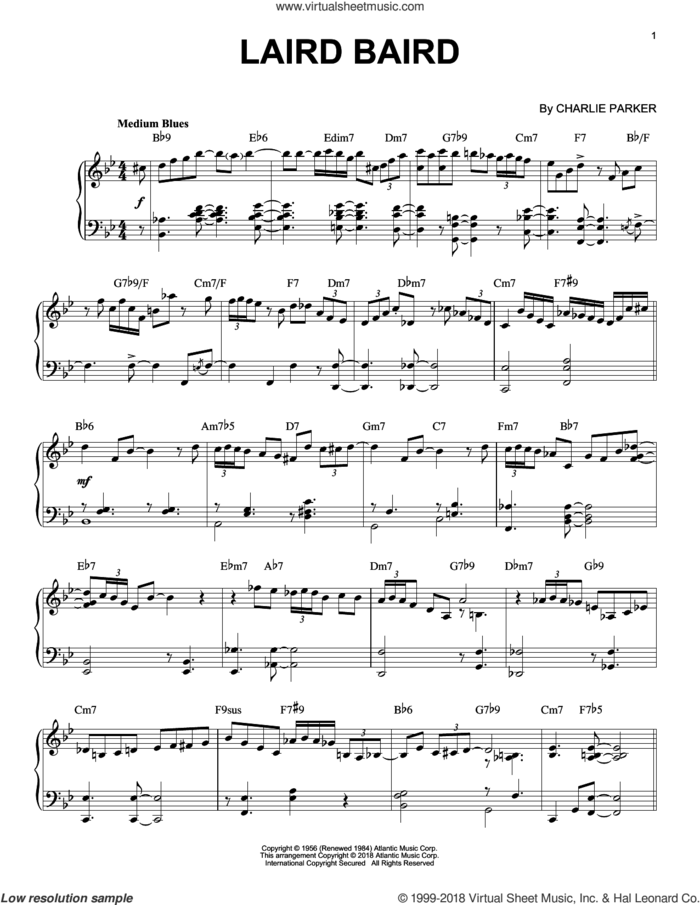 Laird Baird sheet music for piano solo by Charlie Parker, intermediate skill level