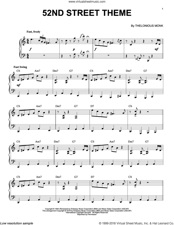 52nd Street Theme sheet music for piano solo by Thelonious Monk, intermediate skill level