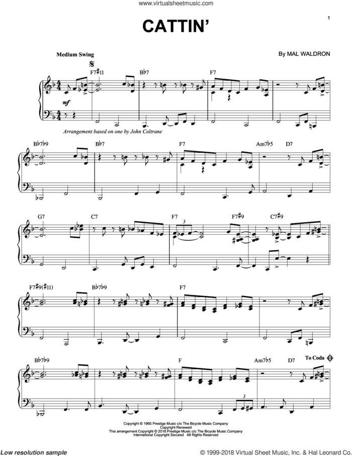 Cattin' sheet music for piano solo by Mal Waldron, intermediate skill level