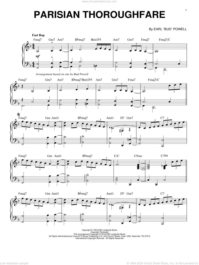 Parisian Thoroughfare sheet music for piano solo by Bud Powell, intermediate skill level