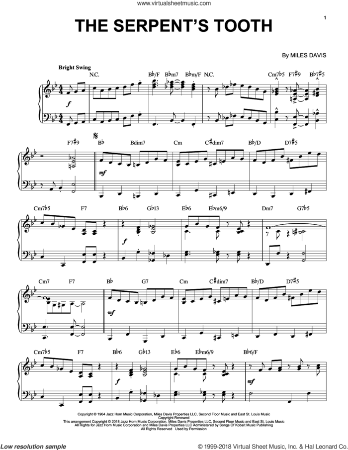 The Serpent's Tooth sheet music for piano solo by Miles Davis, intermediate skill level