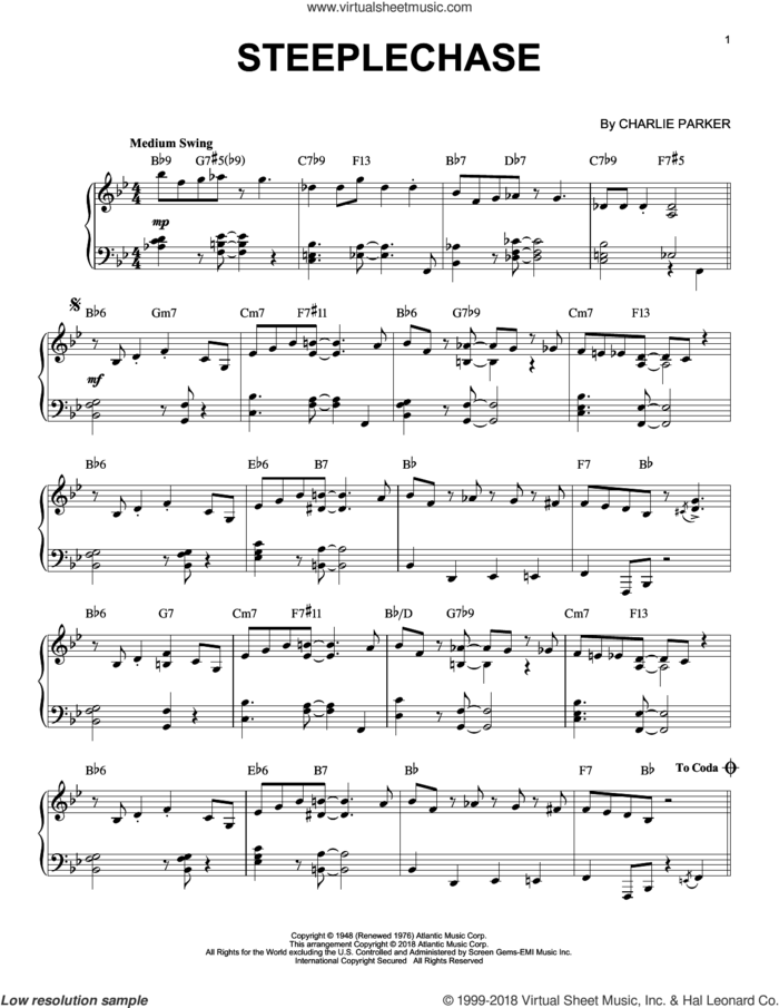 Steeplechase sheet music for piano solo by Charlie Parker, intermediate skill level