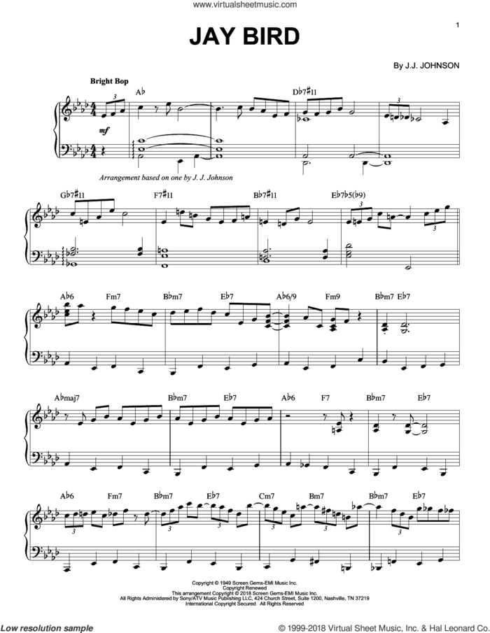 Jay Bird sheet music for piano solo by Jack Johnson, intermediate skill level