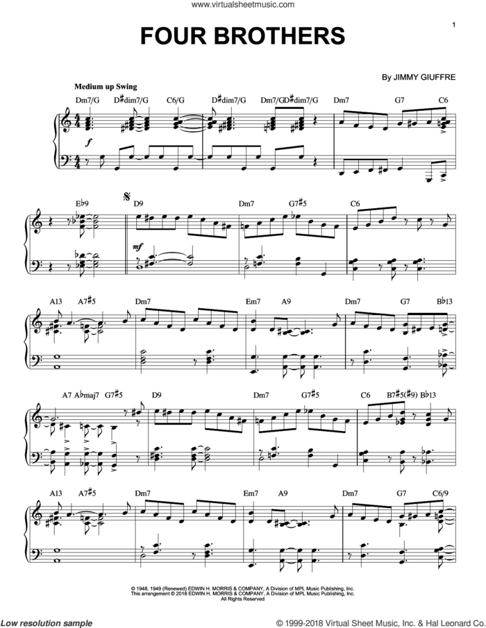 Four Brothers sheet music for piano solo by Jon Hendricks and Jimmy Giuffre, intermediate skill level
