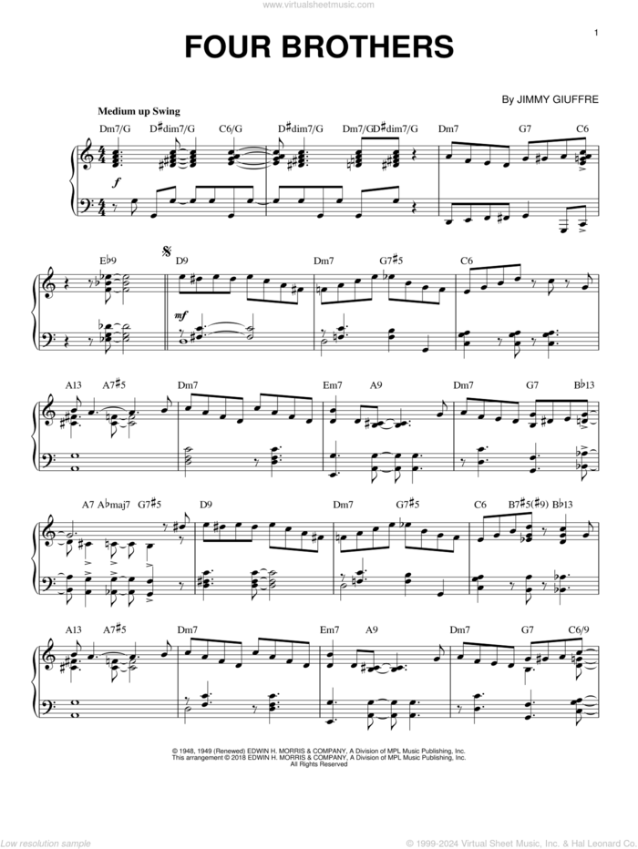 Four Brothers sheet music for piano solo by Jon Hendricks and Jimmy Giuffre, intermediate skill level