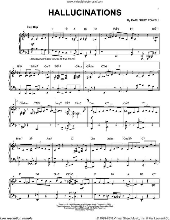Hallucinations sheet music for piano solo by Bud Powell, intermediate skill level