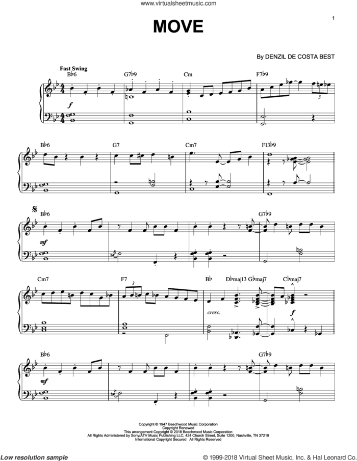 Move sheet music for piano solo by Miles Davis and Denzil De Costa Best, intermediate skill level