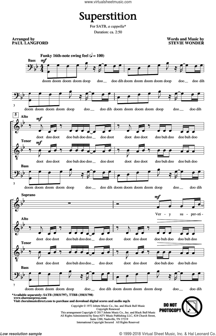 Superstition (arr. Paul Langford) sheet music for choir (SATB: soprano, alto, tenor, bass) by Stevie Wonder, Paul Langford and Stevie Ray Vaughan, intermediate skill level