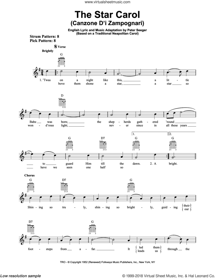 The Star Carol (Canzone D'i Zampognari) sheet music for guitar solo (chords) by Peter Seeger, easy guitar (chords)