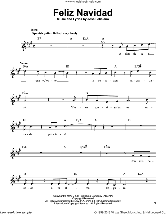 Feliz Navidad sheet music for voice solo by Jose Feliciano, Clay Walker and Michael Buble, intermediate skill level