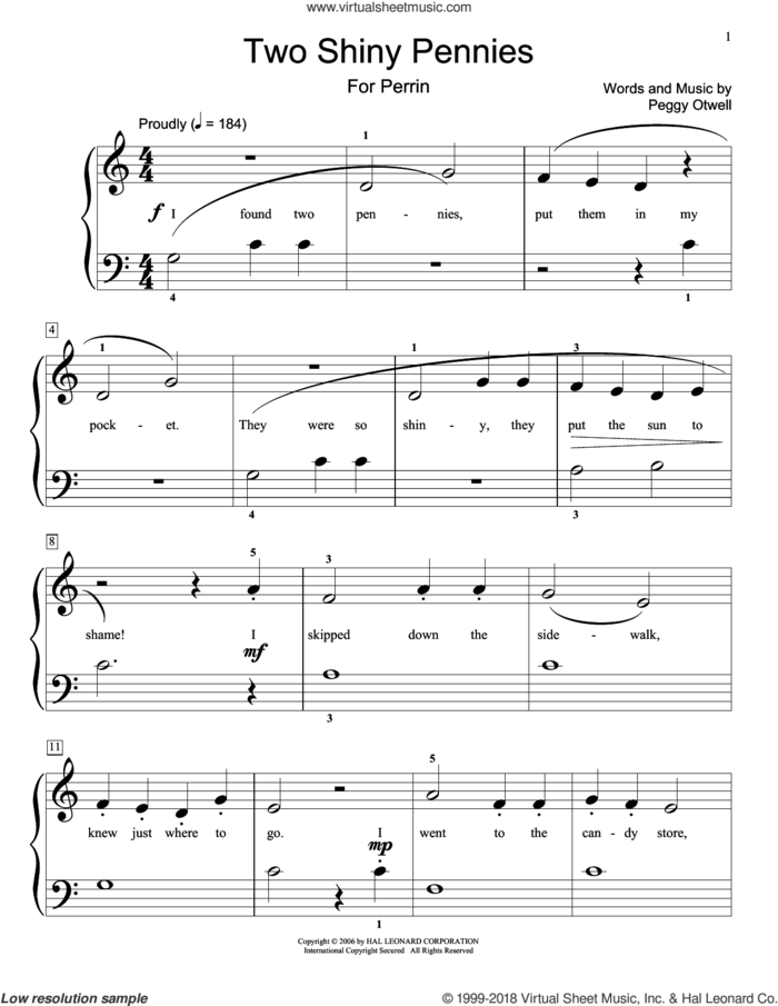 Two Shiny Pennies sheet music for piano solo (elementary) by Peggy Otwell, beginner piano (elementary)