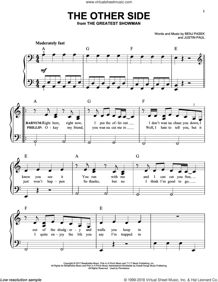 The Other Side sheet music for piano solo by Pasek & Paul, Benj Pasek and Justin Paul, easy skill level