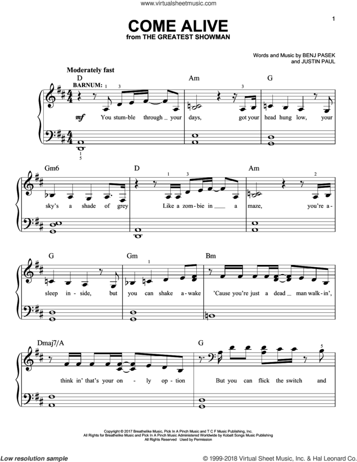 Come Alive (from The Greatest Showman) sheet music for piano solo by Pasek & Paul, Benj Pasek and Justin Paul, easy skill level
