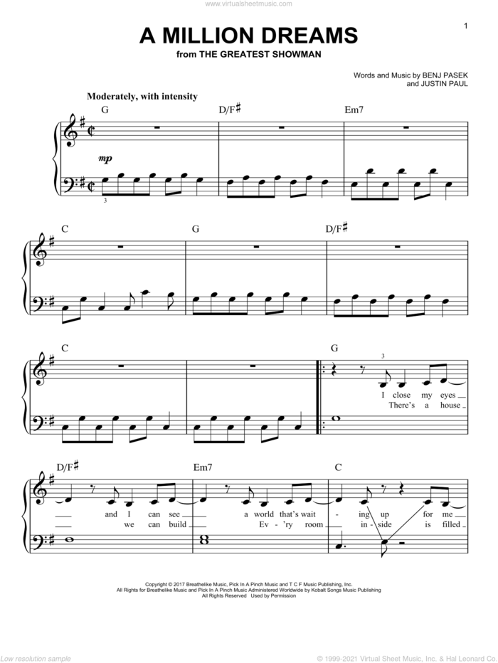 A Million Dreams (from The Greatest Showman), (easy) sheet music for piano solo by Pasek & Paul, Benj Pasek and Justin Paul, easy skill level
