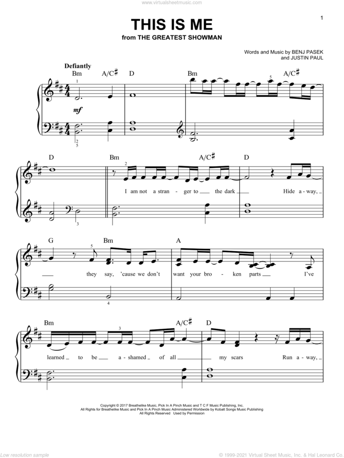 This Is Me (from The Greatest Showman), (easy) sheet music for piano solo by Pasek & Paul, Benj Pasek and Justin Paul, easy skill level