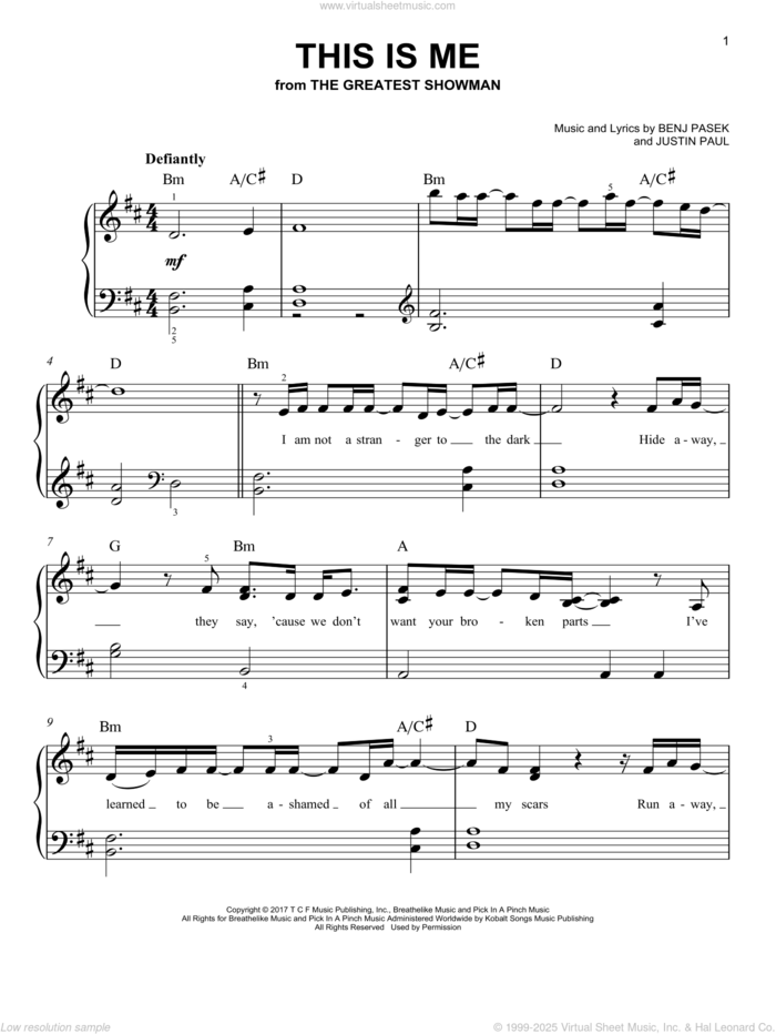 This Is Me (from The Greatest Showman), (easy) sheet music for piano solo by Pasek & Paul, Benj Pasek and Justin Paul, easy skill level