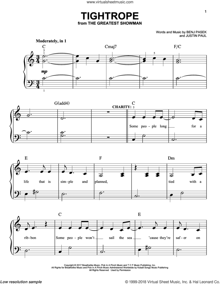 Tightrope (from The Greatest Showman) sheet music for piano solo by Pasek & Paul, Benj Pasek and Justin Paul, easy skill level