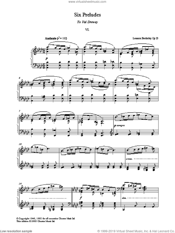Prelude No. 6 (from Six Preludes) sheet music for piano solo by Lennox Berkeley, classical score, intermediate skill level