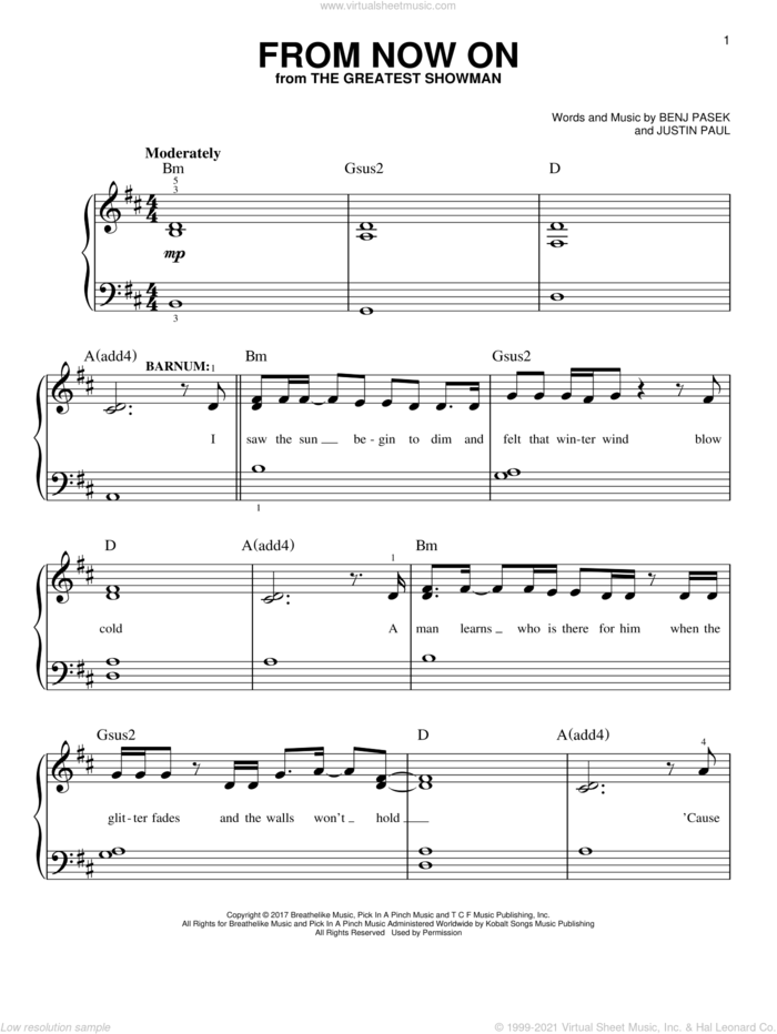 From Now On (from The Greatest Showman) sheet music for piano solo by Pasek & Paul, Benj Pasek and Justin Paul, easy skill level