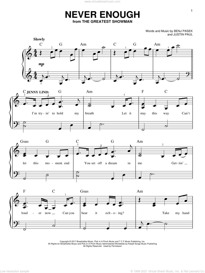 Never Enough sheet music for piano solo by Pasek & Paul, Benj Pasek and Justin Paul, easy skill level
