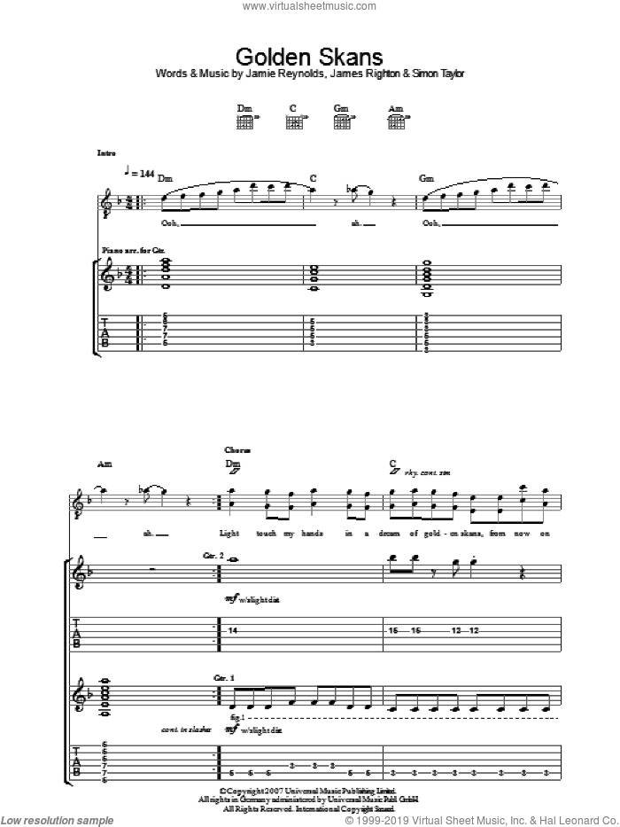 Golden Skans sheet music for guitar (tablature) by Klaxons, James Righton, Jamie Reynolds and Simon Taylor, intermediate skill level