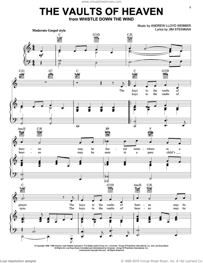 The Vaults Of Heaven sheet music for voice, piano or guitar by Andrew Lloyd Webber, Whistle Down The Wind (Musical) and Jim Steinman, intermediate skill level