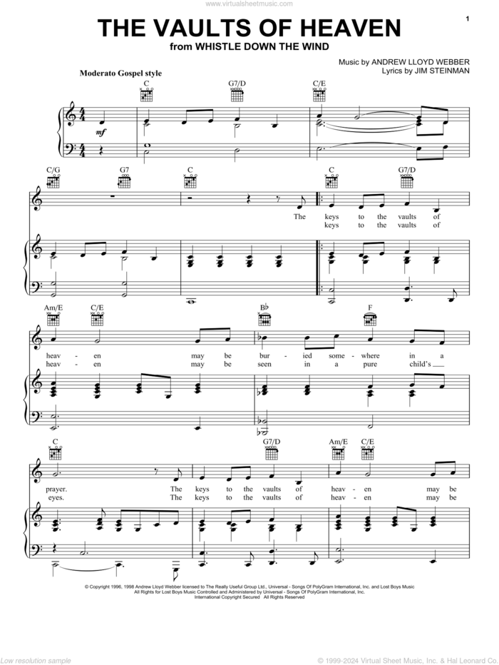 The Vaults Of Heaven sheet music for voice, piano or guitar by Andrew Lloyd Webber, Whistle Down The Wind (Musical) and Jim Steinman, intermediate skill level