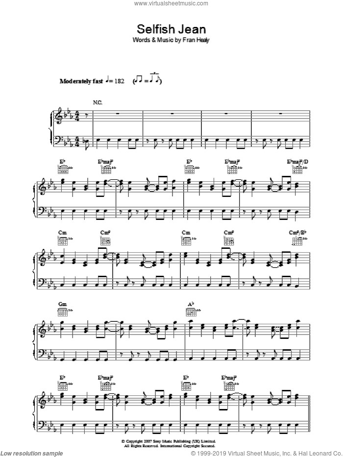 Selfish Jean sheet music for voice, piano or guitar by Merle Travis and Fran Healy, intermediate skill level